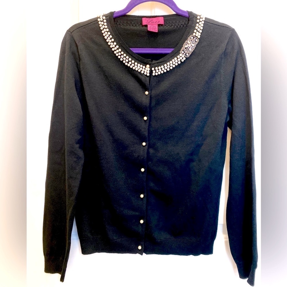 L.A.C.E. Vintage Silk Embellished Cardigan Sweater in Black,  size PL
